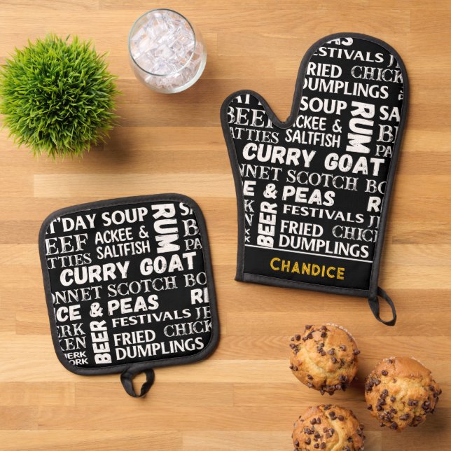 Jamaican Cuisine Caribbean Restaurant Chef Oven Mitt & Pot Holder Set (Top Down)