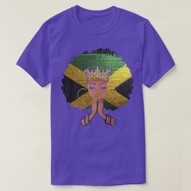 Jamaican Flag Black Woman Melanin Queen Afro Pray  T-Shirt (Design Front)