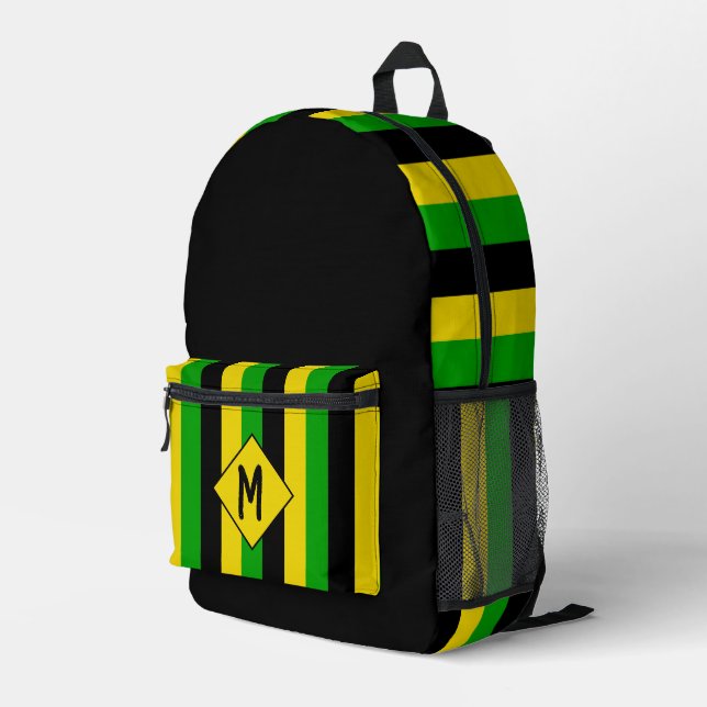 Jamaican Flag Colours Striped Monogram Printed Backpack (Back Corner Right)