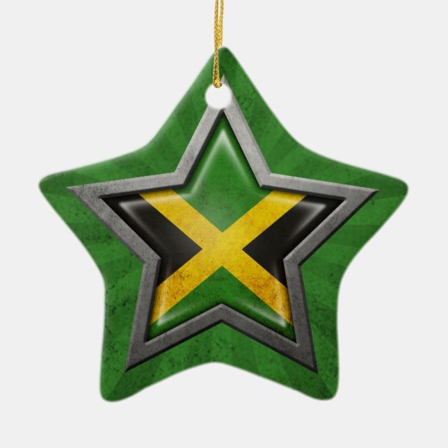 Jamaican Flag Star with Rays of Light Ceramic Tree Decoration (Front)