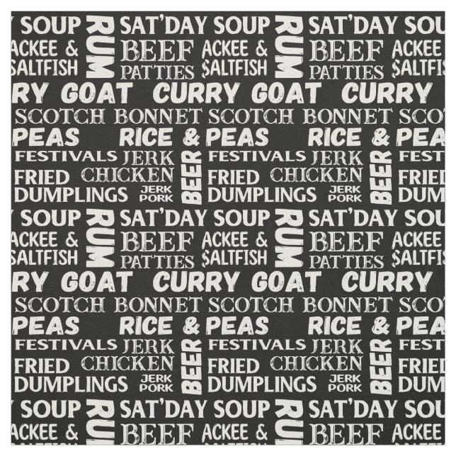 Jamaican Food Typographic Black and White Pattern Fabric (Swatch)