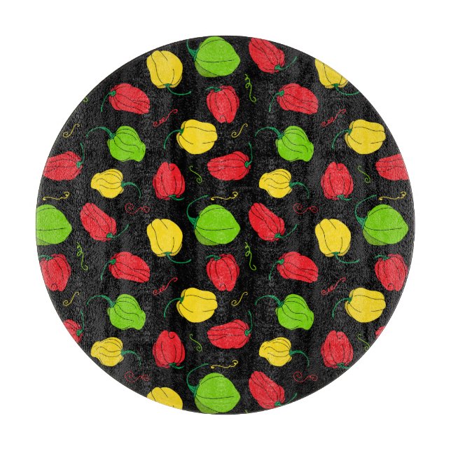 Jamaican Kitchen Chilli Pepper Patterned Black Cutting Board (Front)