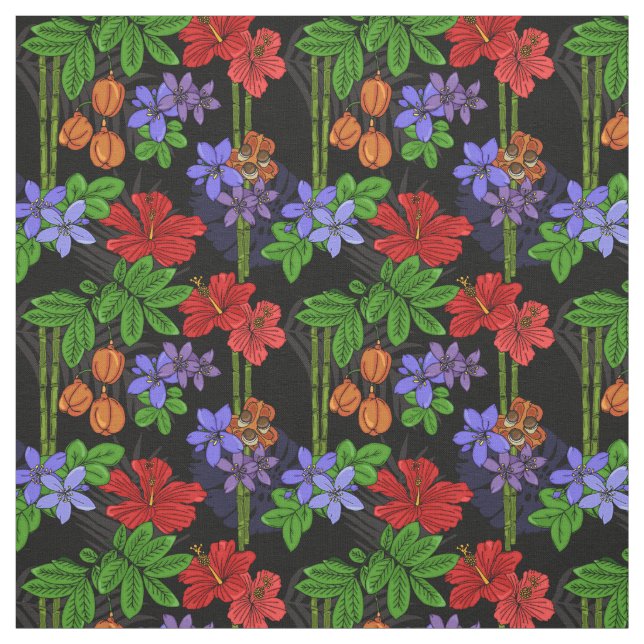 Jamaican National Flower and Fruit Tropical Black Fabric (Swatch)