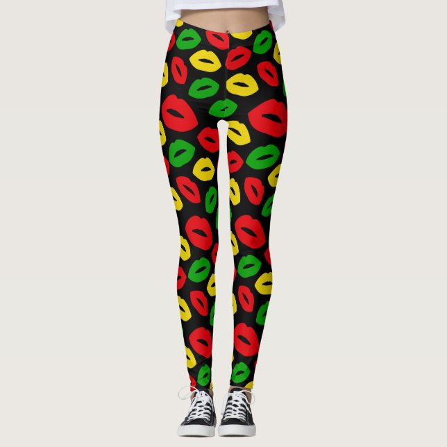 Jamaican Rasta Colours One Love Lips Patterned Leggings (Front)