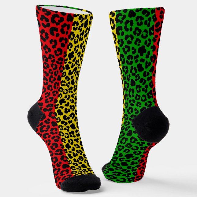 Jamaican Rasta Flag Colours Leopard Print Socks (Angled)