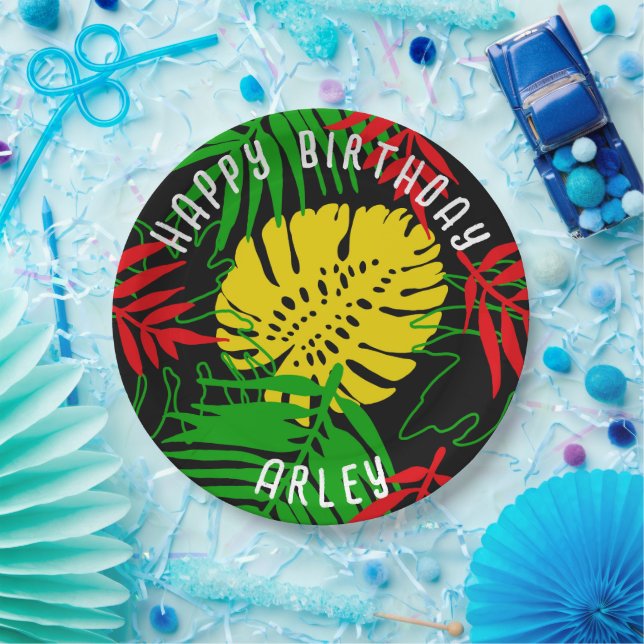 Jamaican Rasta Reggae Tropical Leaves Birthday Paper Plate (Party)