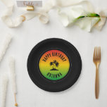 Jamaican Reggae Vinyl Record Birthday Paper Plate<br><div class="desc">Reggae music vinyl record style paper birthday party plates,  with silhouette palm trees over a rasta flag coloured sunset centre. All text is customisable for you to add your own name and message</div>