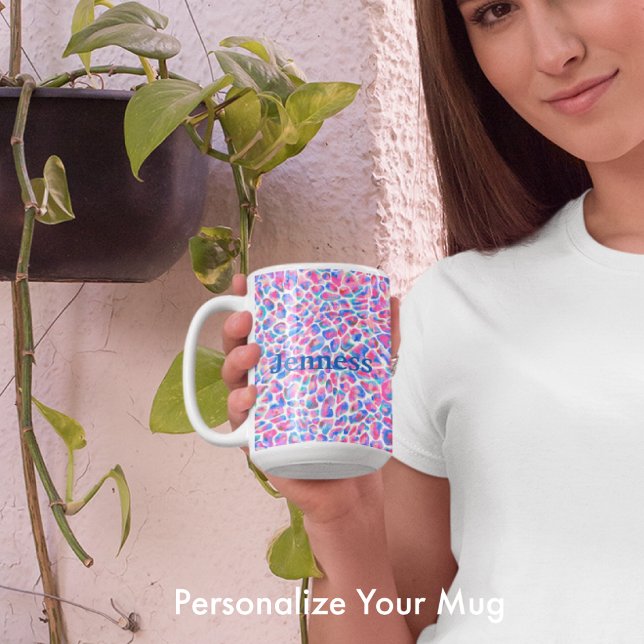 Jameela Cheetah Leopard Animal Print Pink Blue Coffee Mug (Personalize your coffee latte tea mug. Jameela Cheetah Leopard Animal Print #coffee #mug #latte)
