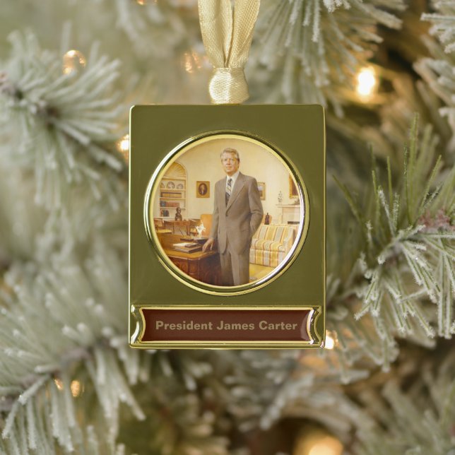 James Earl Carter Painted US President Portrait  Gold Plated Banner Ornament (Tree)