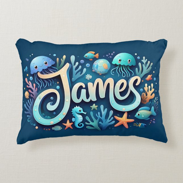 James Name Ocean Theme Decorative Sea Life Cushion (Front)