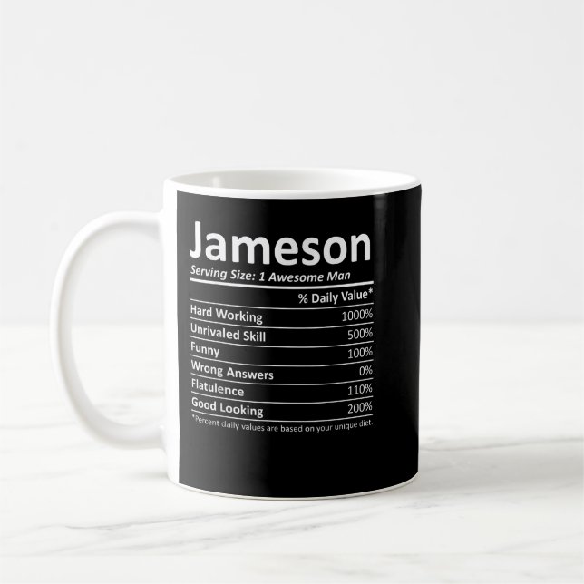 JAMESON Nutrition Funny Birthday Personalised Name Coffee Mug (Left)