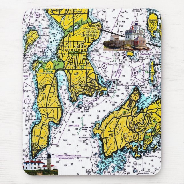 Jamestown RI Nautical Chart with Lighthouses Mouse Mat (Front)