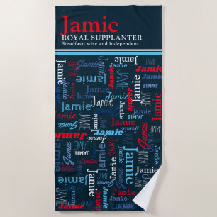 Jamie personalised name meaning red blue white beach towel