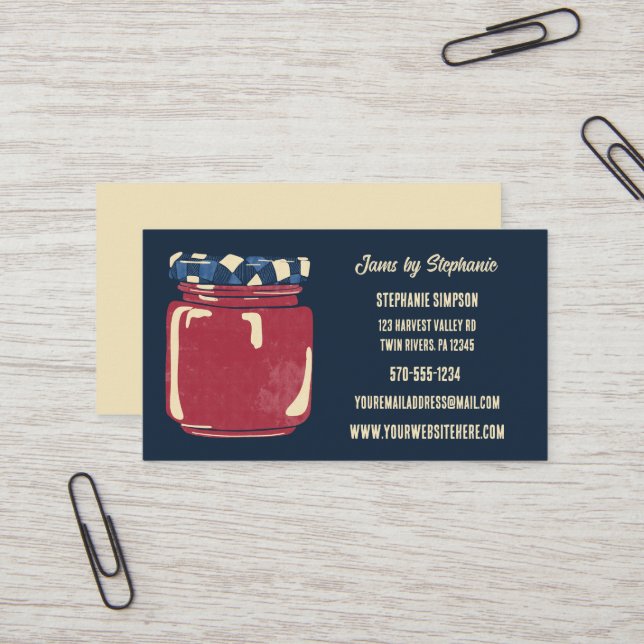 Jams, Jellies, Preserves Navy Blue, Red Custom Business Card (Front/Back In Situ)