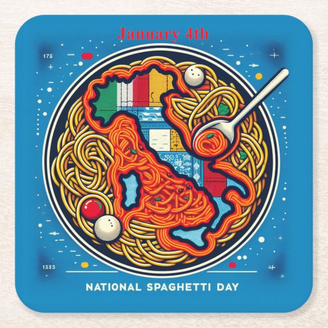 Jan 4th - National Spaghetti Day Square Paper Coaster (Front)