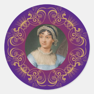 Jane Austen Colour Portrait in Gold Swirl Frame Classic Round Sticker