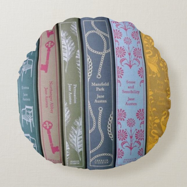 Jane Austen on one side and her books on the other Round Cushion (Front)