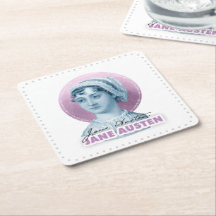 Jane Austen Portrait and Signature Pink Square Paper Coaster