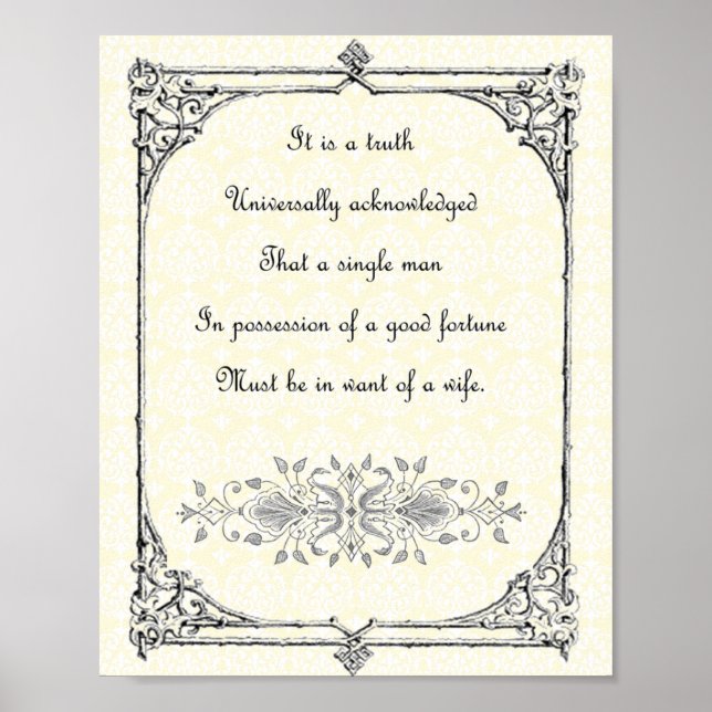 Jane Austen Pride and Prejudice First Line Quote Poster (Front)