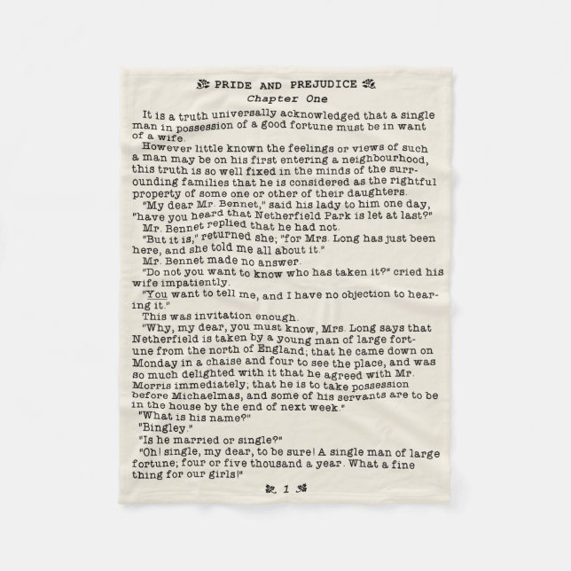 Jane Austen Pride and Prejudice Literature Quote Fleece Blanket (Front)