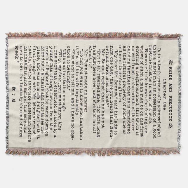 Jane Austen Pride and Prejudice Literature Quote Throw Blanket (Front)