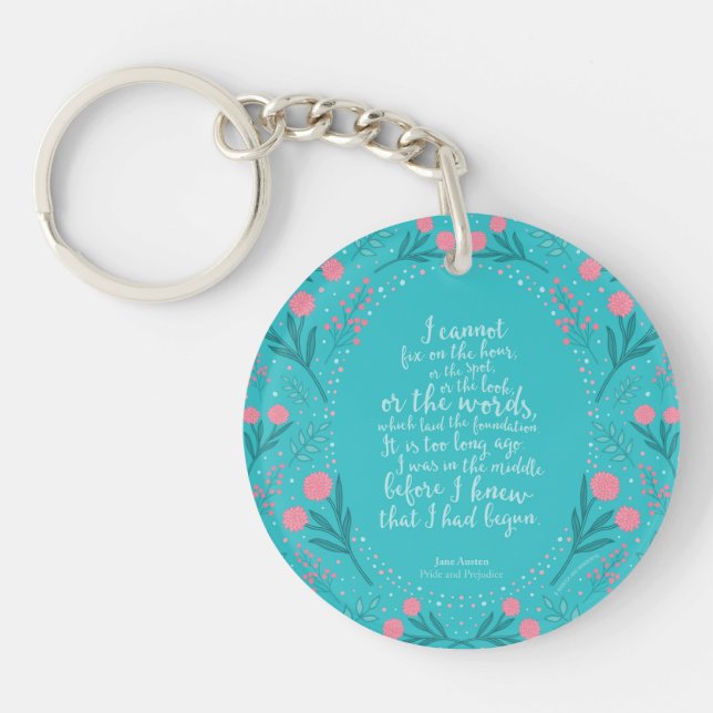 Jane Austen Pride and Prejudice Teal & Pink Floral Key Ring (Front)