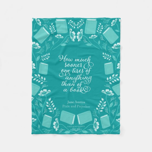 Jane Austen Pride & Prejudice Teal Floral Bookish Fleece Blanket (Front)