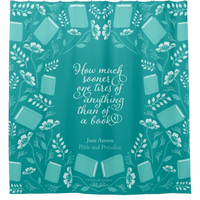 Jane Austen Pride & Prejudice Teal Floral Bookish Shower Curtain (Front)