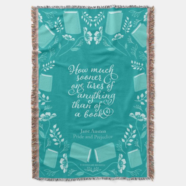 Jane Austen Pride & Prejudice Teal Floral Bookish Throw Blanket (Front Vertical)
