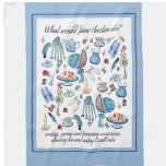 Jane Austen Tea towel<br><div class="desc">This Jane Austen tea towel is filled with Jane's favourite pastimes, possessions such as jewelery seen in her Chawton home in Hampshire, England and Regency sewing notions that she used to sew, trim bonnets and mend. The Amber crosses were brought back from overseas by Jane's brother. What would Jane do?...</div>