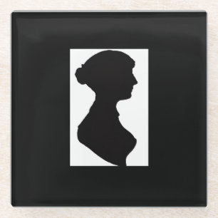 Jane Austen's Silhouette on Black Glass Coaster