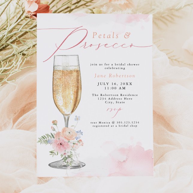 JANE Blush Floral Petals & Prosecco Bridal Shower Invitation (Creator Uploaded)