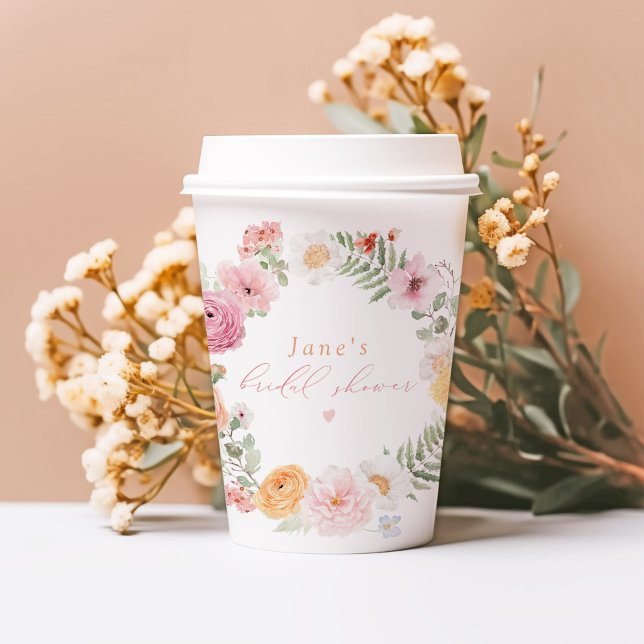 JANE Blush Floral Petals & Prosecco Bridal Shower Paper Cups (Creator Uploaded)