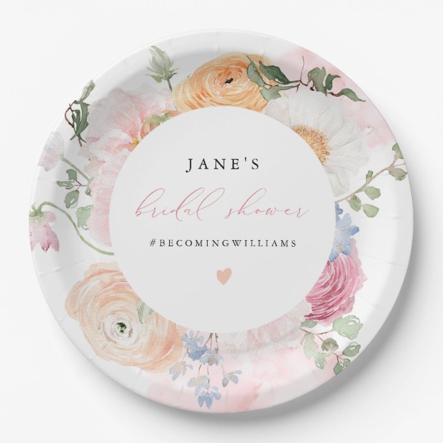 JANE Blush Floral Petals & Prosecco Bridal Shower Paper Plate (Front)