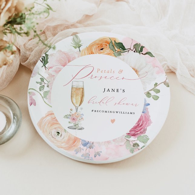 JANE Blush Floral Petals & Prosecco Bridal Shower Paper Plate (Creator Uploaded)