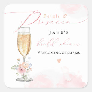 JANE Blush Floral Petals & Prosecco Bridal Shower Square Sticker