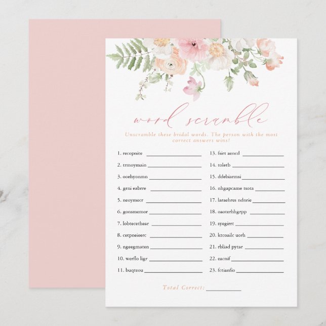 JANE Blush Pink Floral Bridal Word Scramble Game Invitation (Front/Back)