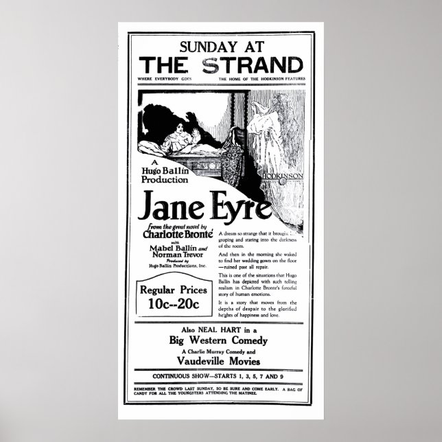 'Jane Eyre" 1922 vintage movie ad poster (Front)