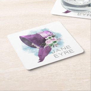 Jane Eyre Bonnet Flowers Purple and Blue Square Paper Coaster