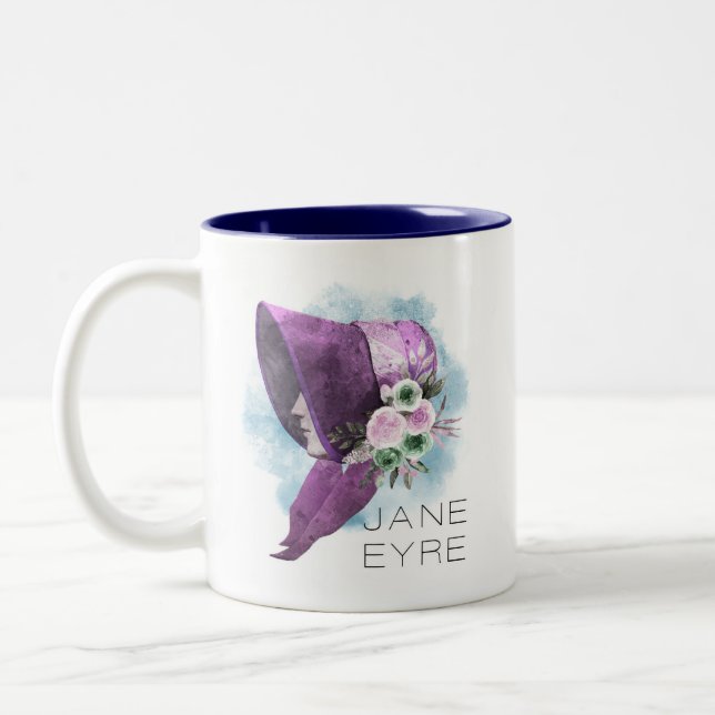 Jane Eyre Bonnet Flowers Purple and Blue Two-Tone Coffee Mug (Left)