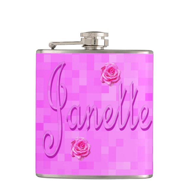 Janette Name Logo On Pink, Hip Flask (Front)