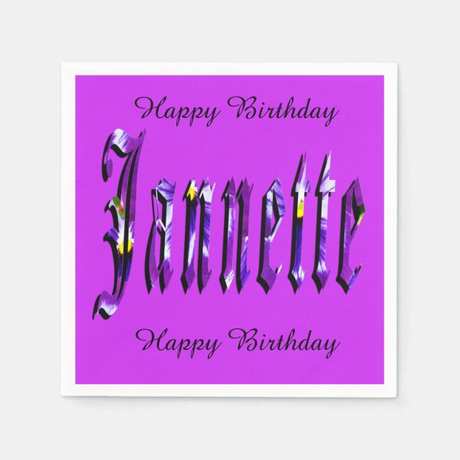 Janette, Name, Logo, Purple Paper Birthday Napkins (Front)