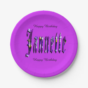 Janette, Name, Logo, Purple Paper Birthday Plate