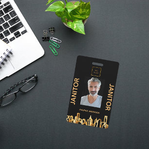 Janitor photo black gold logo city skyline ID badge