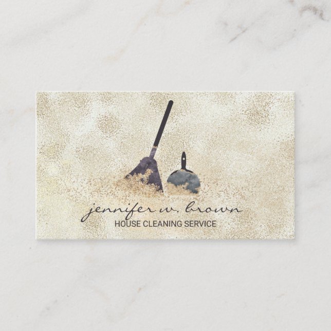 Janitorial Cleaning Gold Sparkle Maid Lady Beige Business Card (Front)