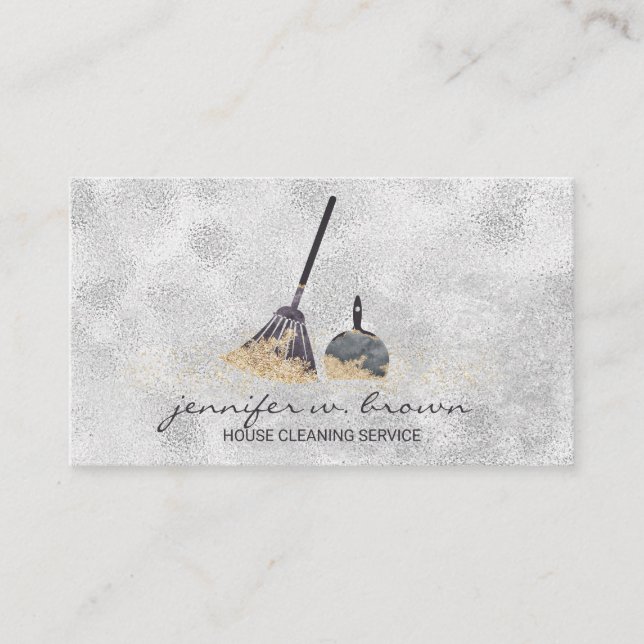 Janitorial Cleaning Gold Sparkle Maid Lady Silver Business Card (Front)