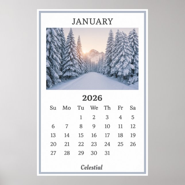 January 2026 Snowy Mountain Calendar Page  Poster (Front)