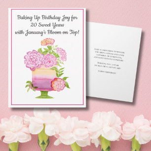 January 20th Birthday Cake Purple Carnations Card