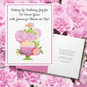 January 30th Birthday Cake Purple Carnations Card