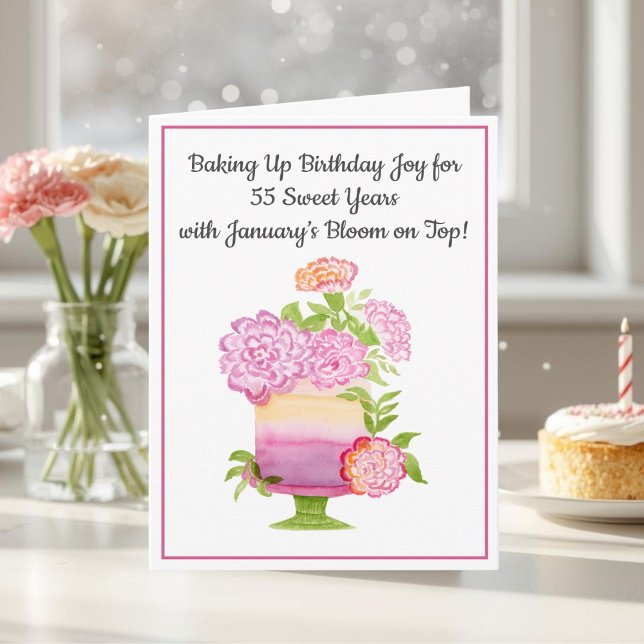 January 55th Birthday Cake Purple Carnations Card (Creator Uploaded)